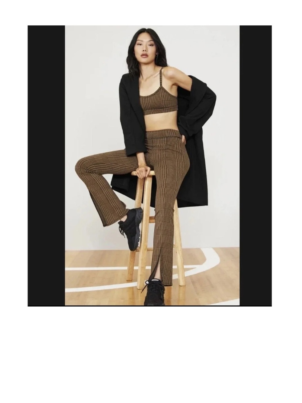 ALO Yoga Brown Cinnamon Jacquard Glen Plaid Checked Split-Hem Ribbed Flare Pant
